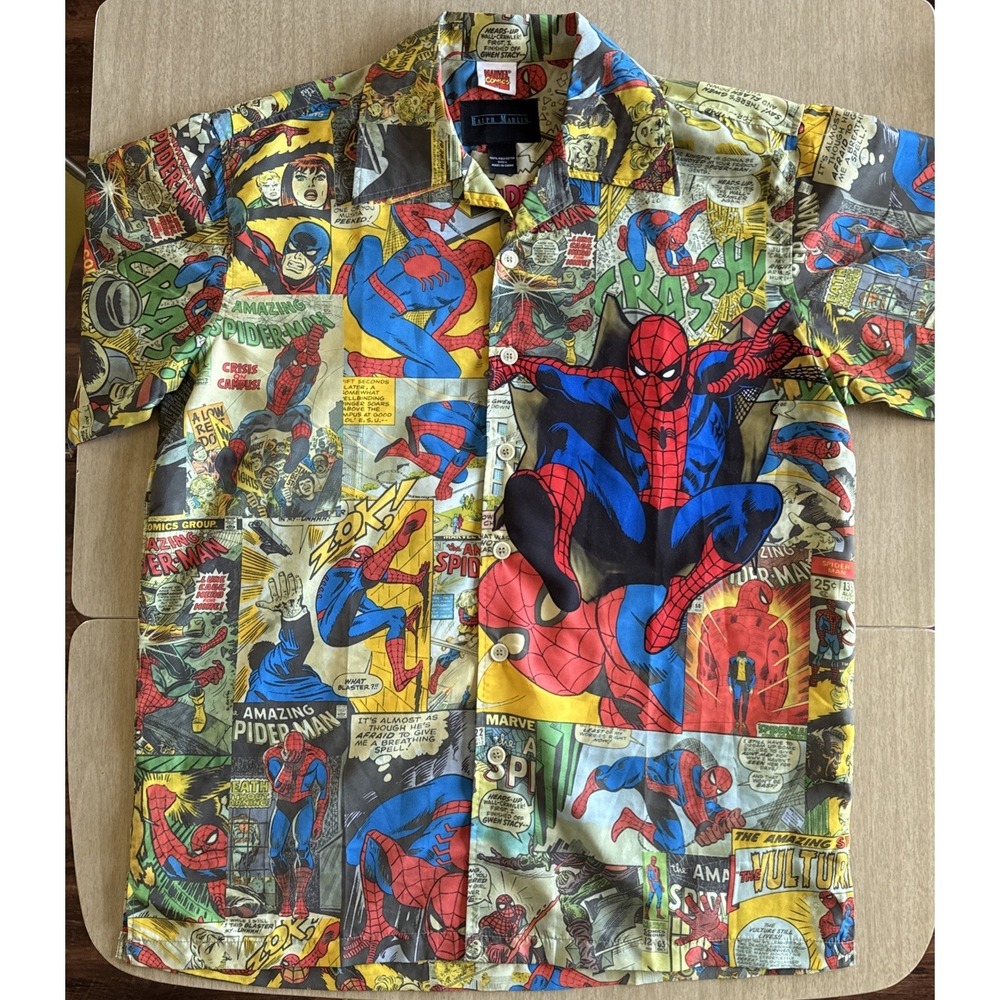 Ralph Marlin 2011 Marvel Comics Spider-Man Button Shirt Men L All Over Print AOP